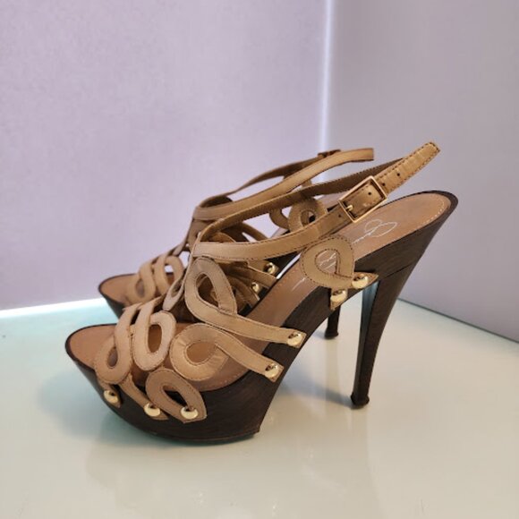Jessica Simpson Tan Wooden Platform Stilettos Size 8 - Picture 3 of 7